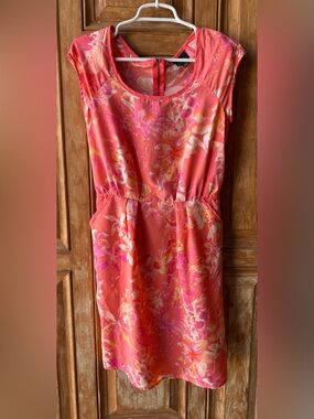 Coral Floral Scoop-Neck Cap Sleeve Dress